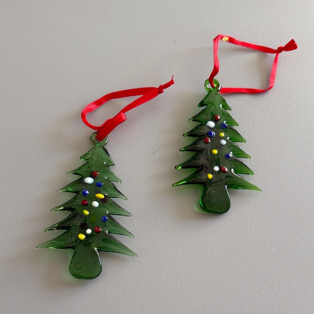 Green Glass Christmas Tree Ornaments with Red Ribbon